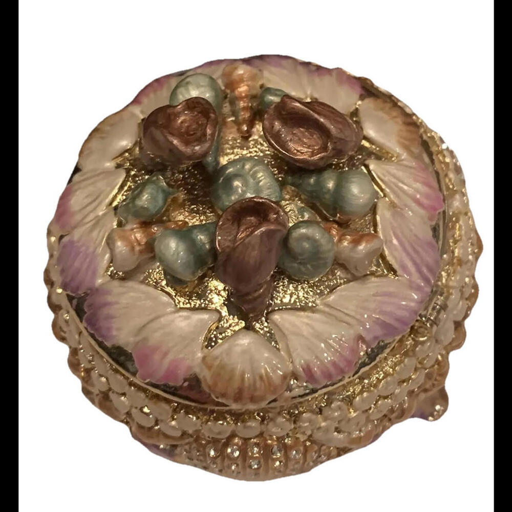👸🏼Gold Tone Enamel  Seashell Trinket Box Keren Kopal Pink Austrian Crystal